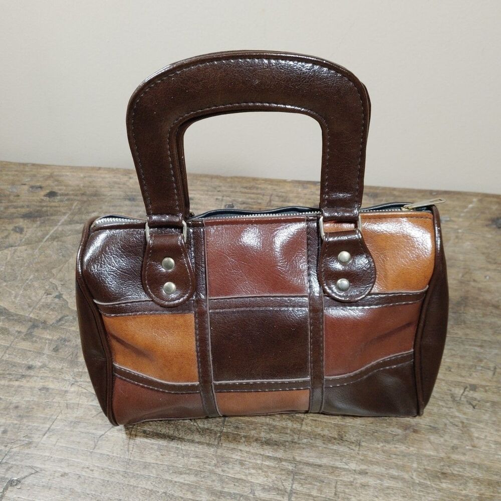 Vintage Sirco Corporation Brown Purse Satchel Bag MCM 1970's Patchwork Square - Picture 3 of 14